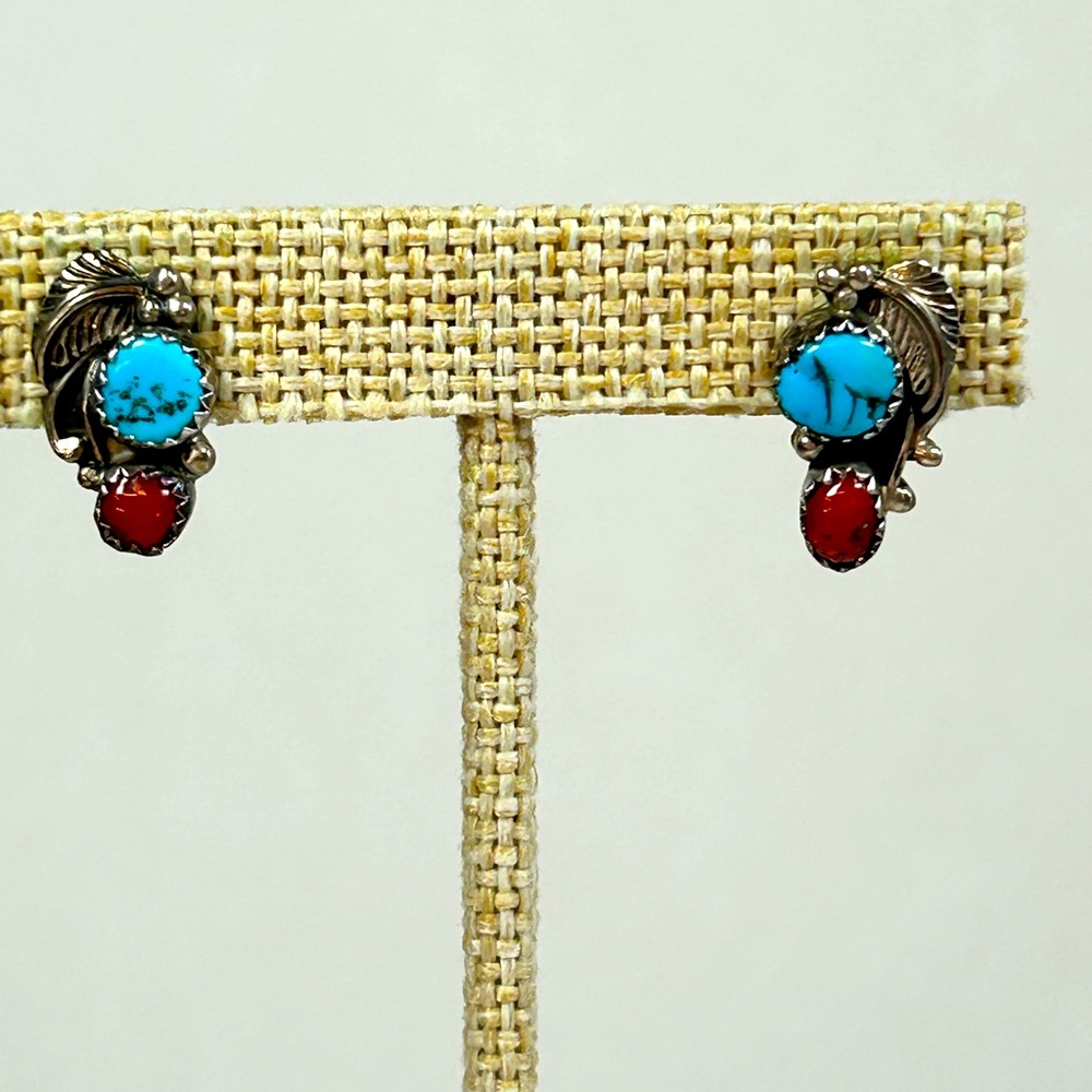 Signed Vintage native turquoise red coral sterling silver Navajo post earrings